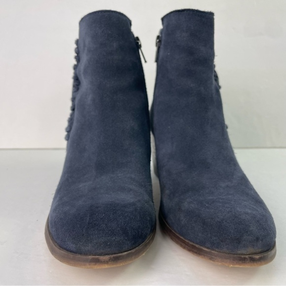 Kenneth Cole Reaction Rotini Blue Suede Fringe Block Heel Booties - Picture 4 of 14